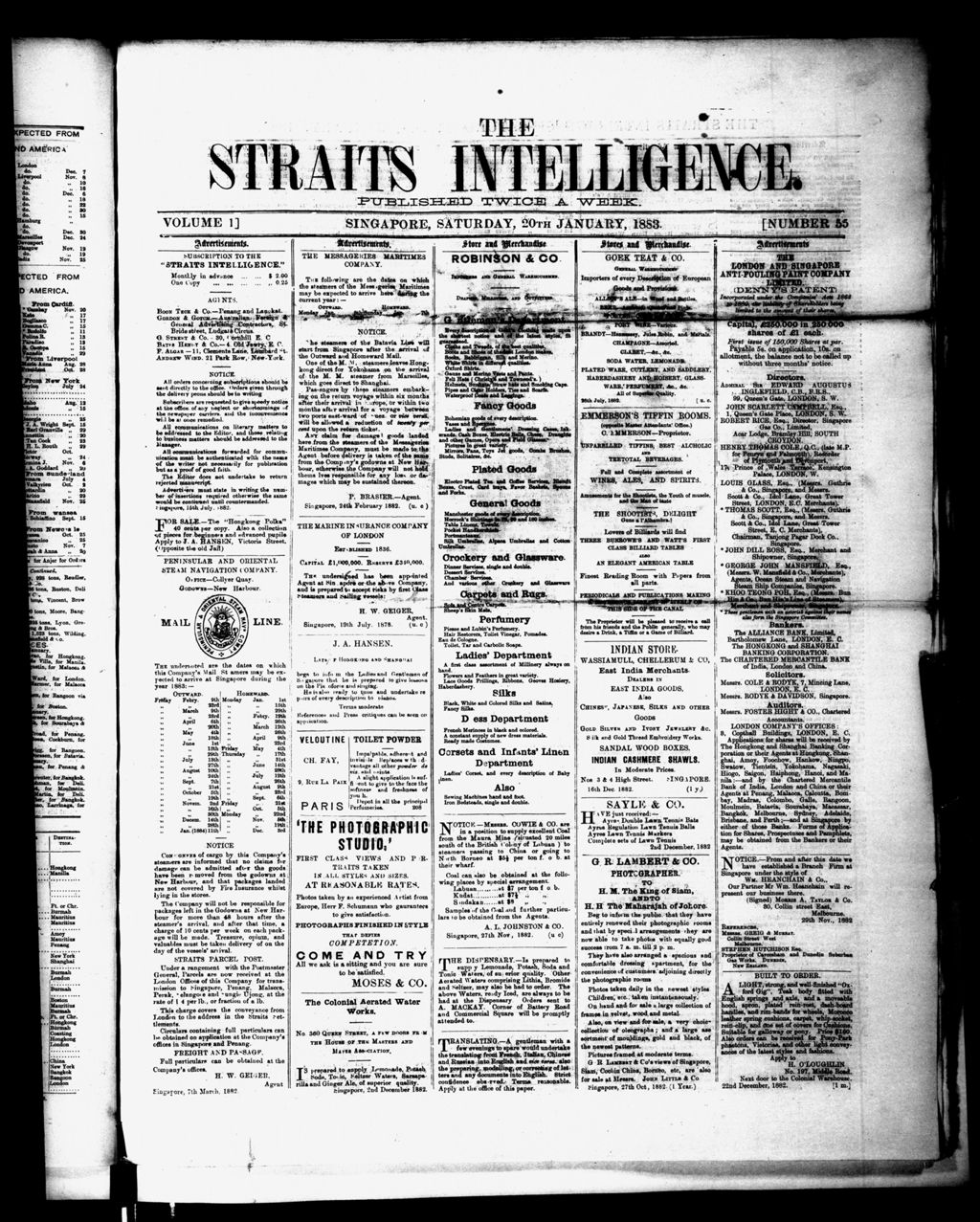 Miniature of Straits Intelligence 20 January 1883