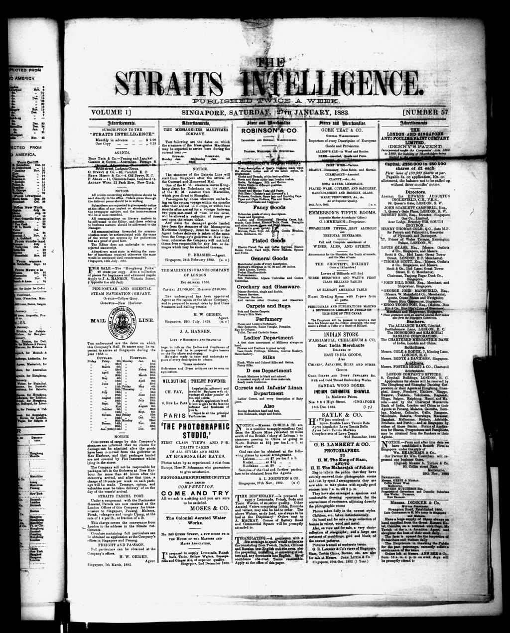 Miniature of Straits Intelligence 27 January 1883