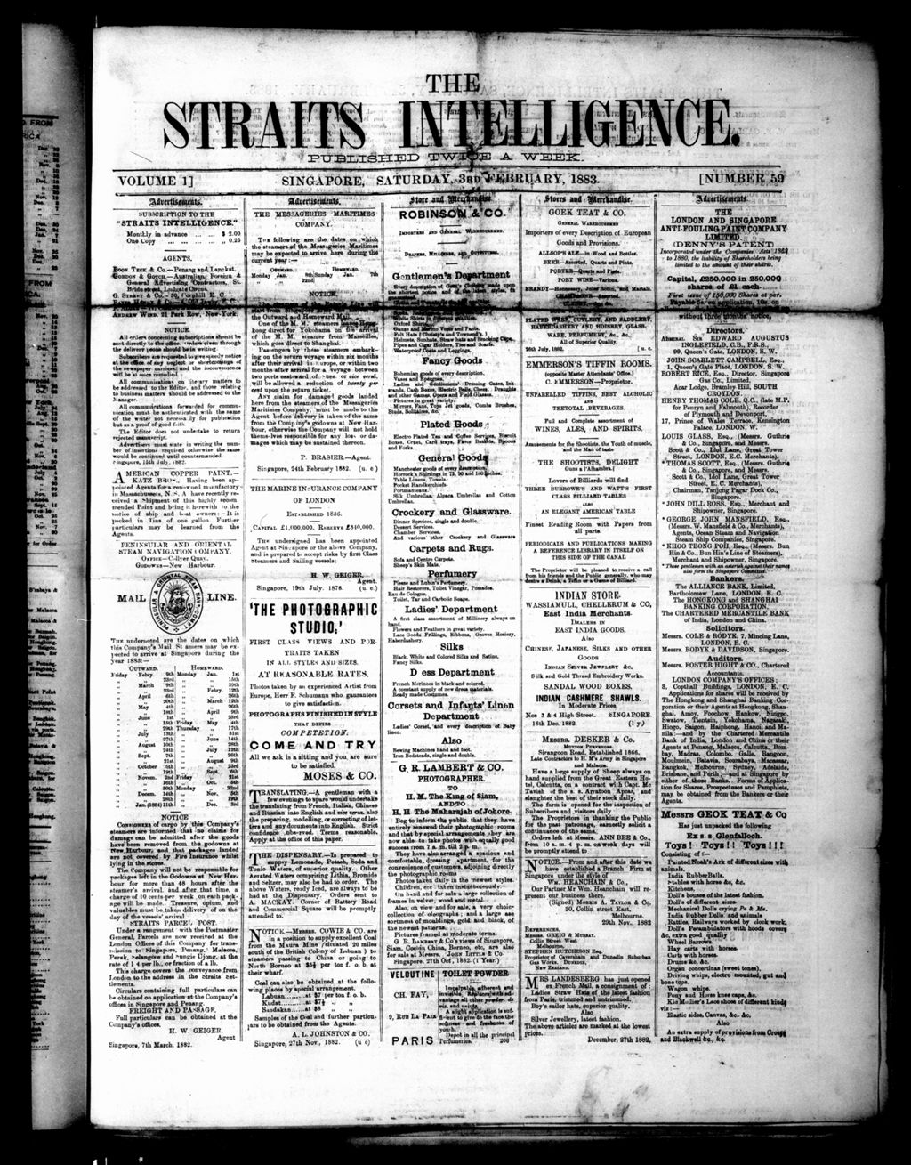 Miniature of Straits Intelligence 03 February 1883