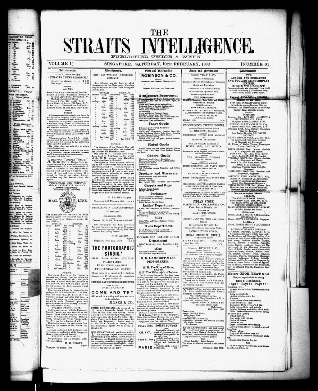 Miniature of Straits Intelligence 10 February 1883