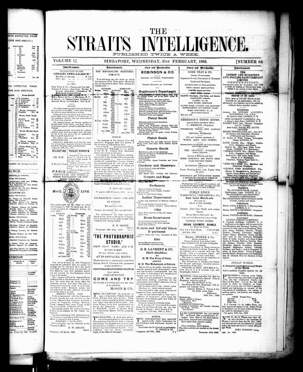 Miniature of Straits Intelligence 21 February 1883