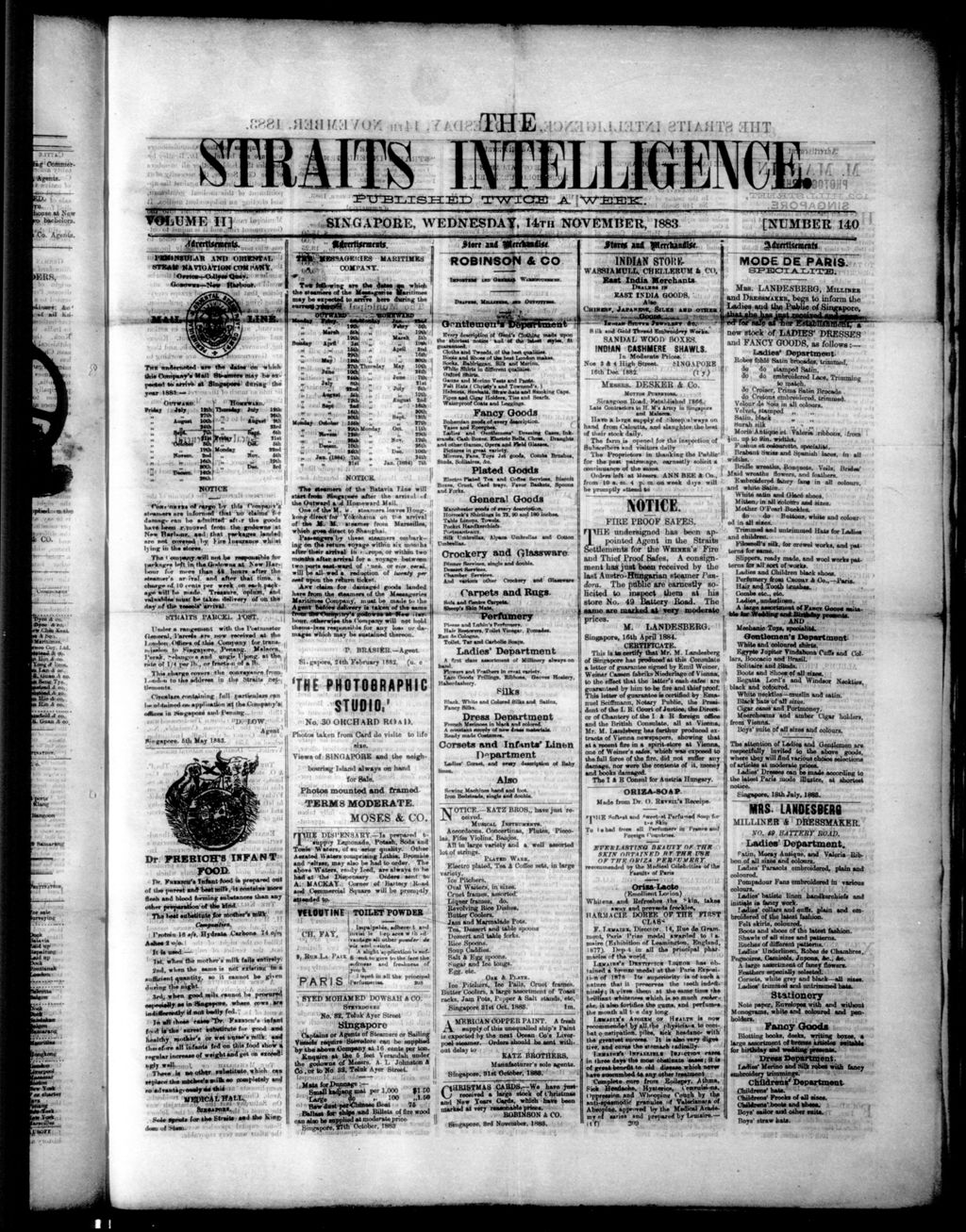 Miniature of Straits Intelligence 14 November 1883