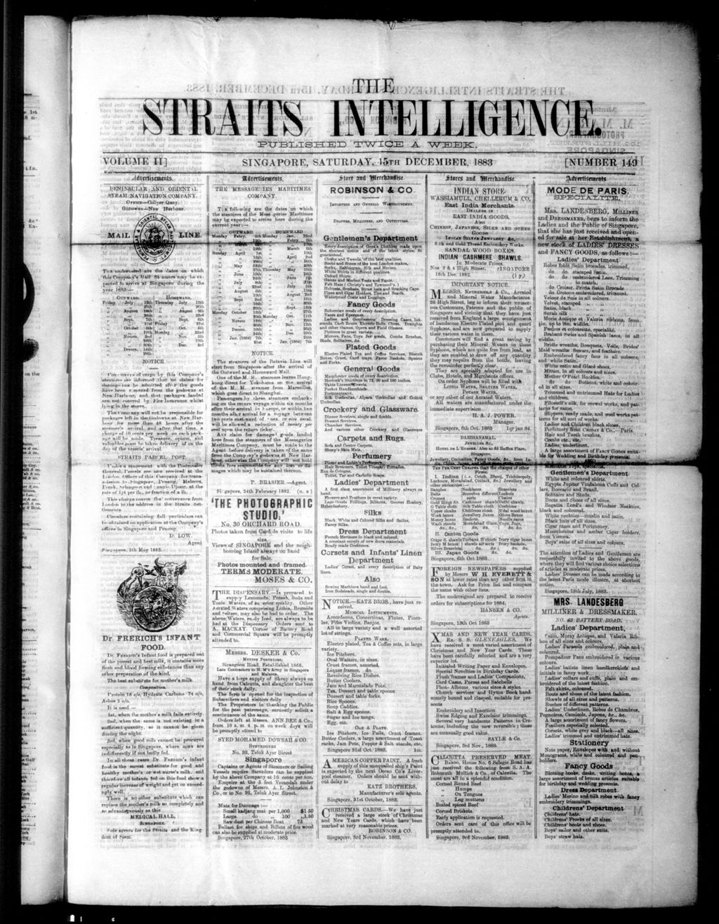 Miniature of Straits Intelligence 15 December 1883