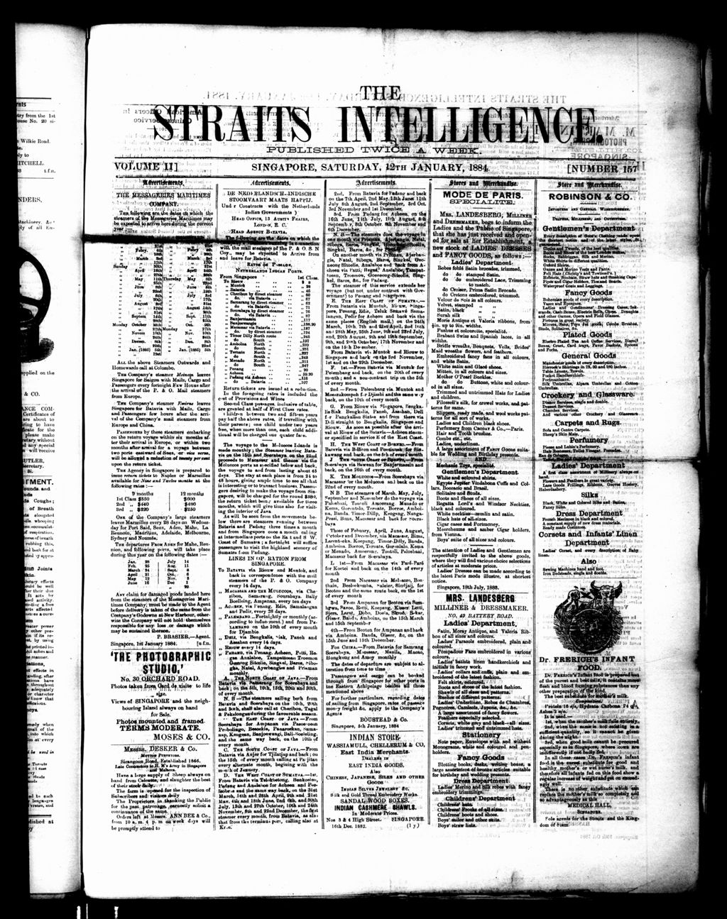 Miniature of Straits Intelligence 12 January 1884