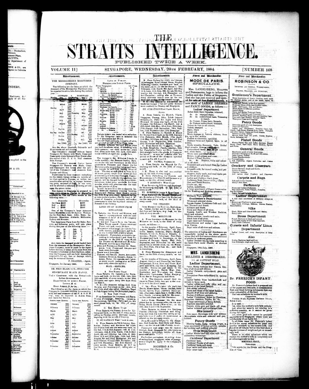 Miniature of Straits Intelligence 20 February 1884