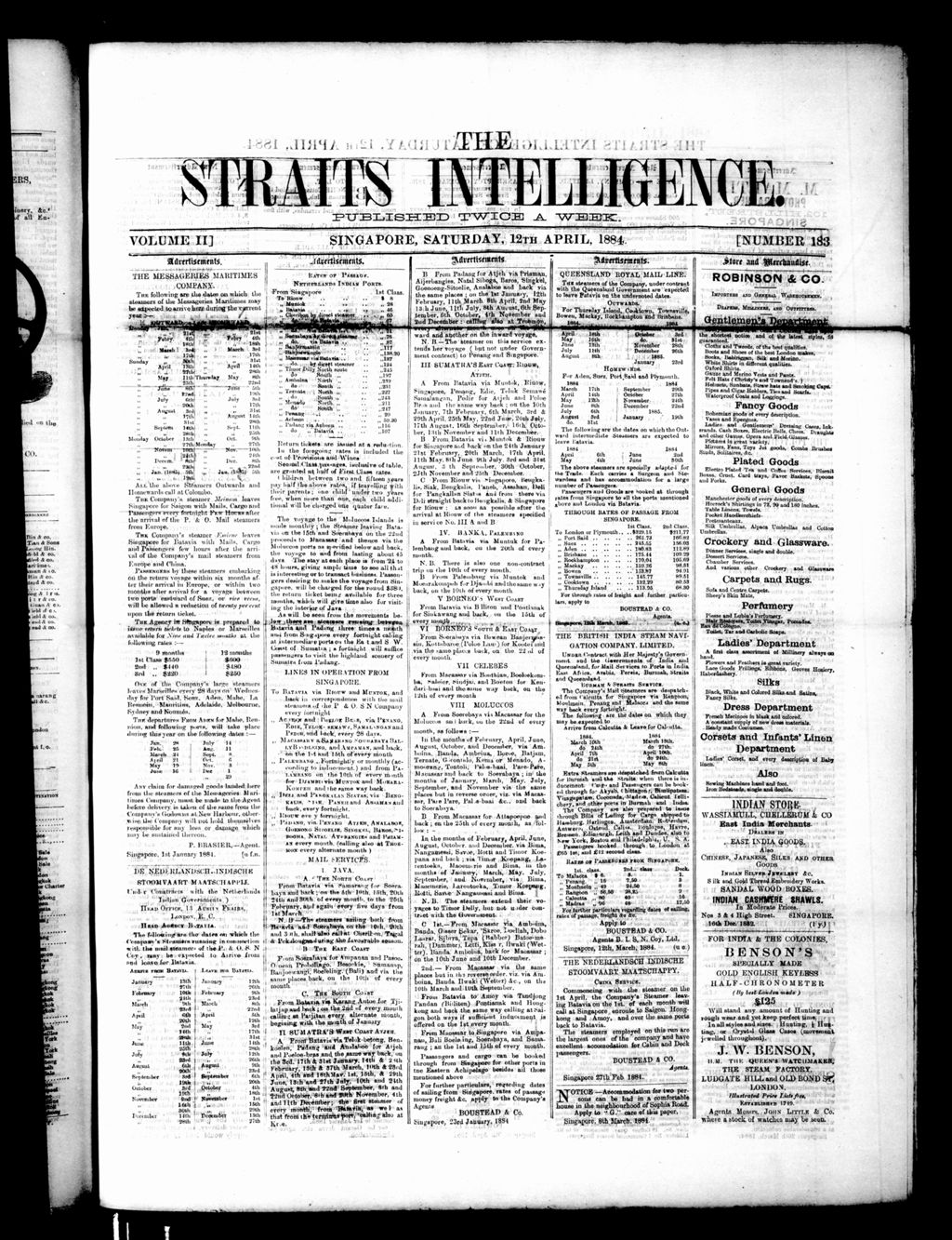 Miniature of Straits Intelligence 12 April 1884