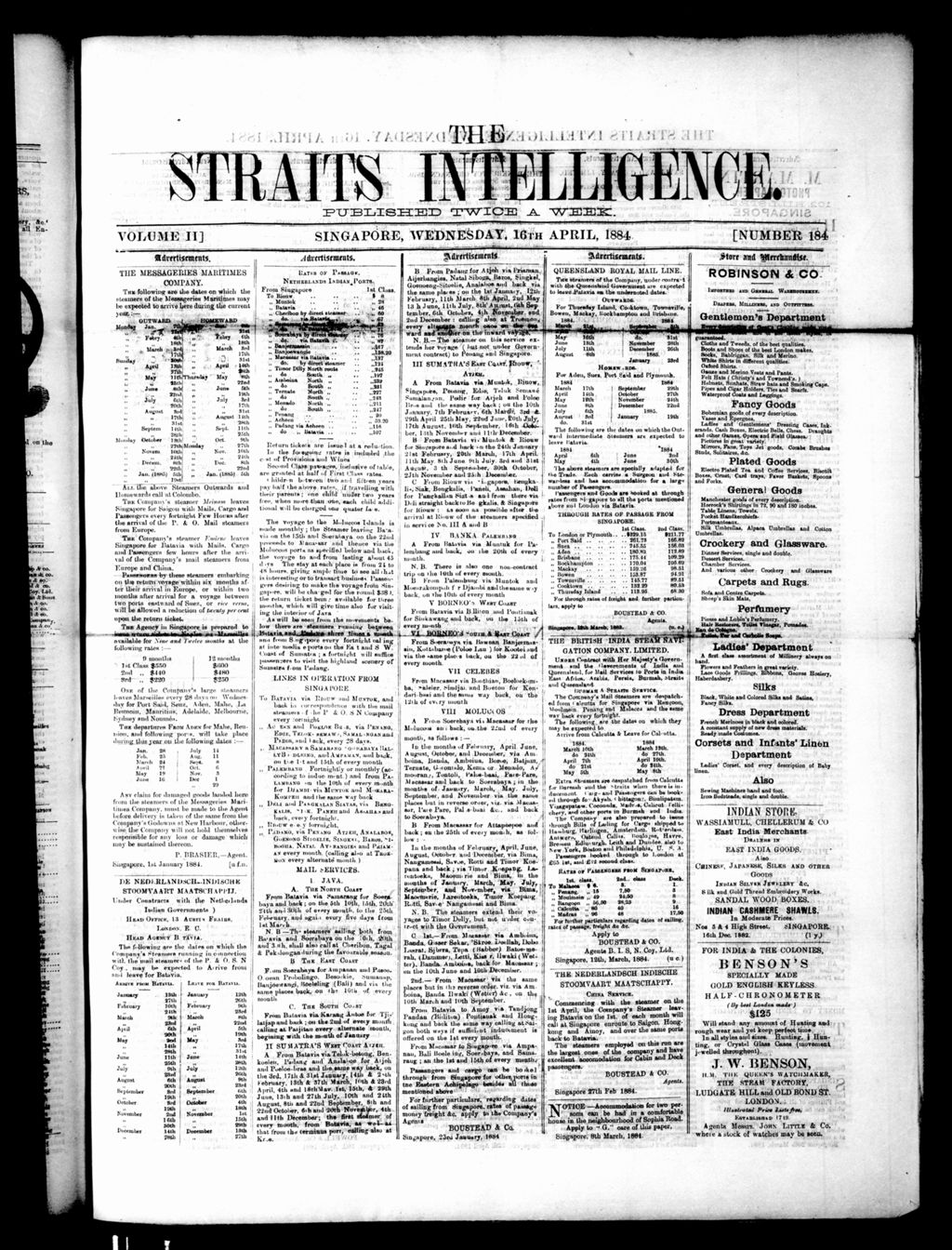 Miniature of Straits Intelligence 16 April 1884