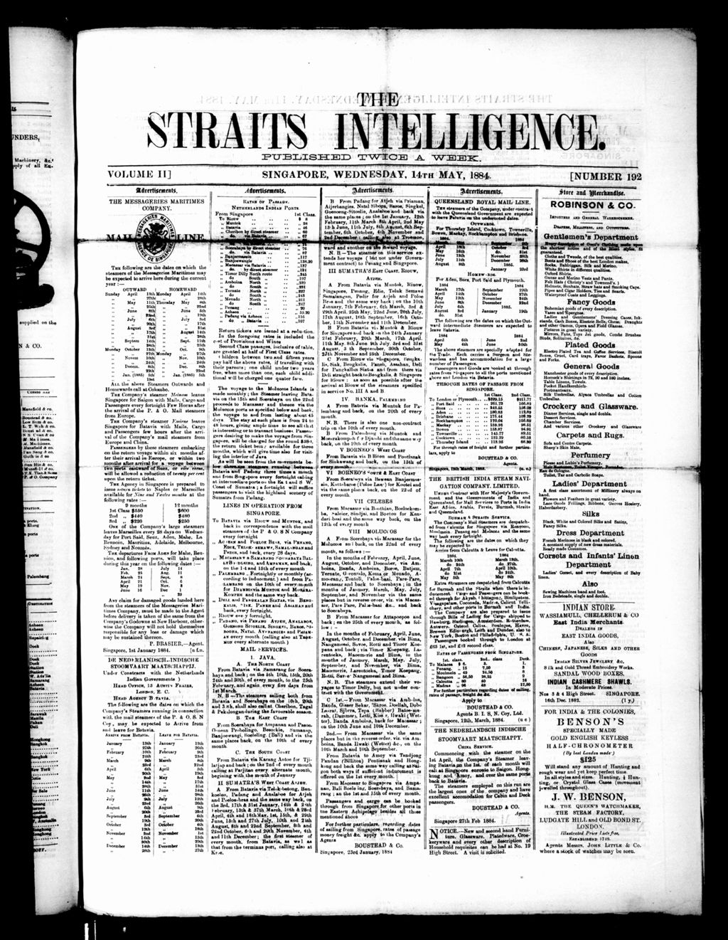 Miniature of Straits Intelligence 14 May 1884