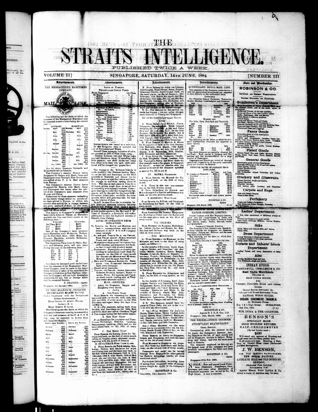 Miniature of Straits Intelligence 14 June 1884