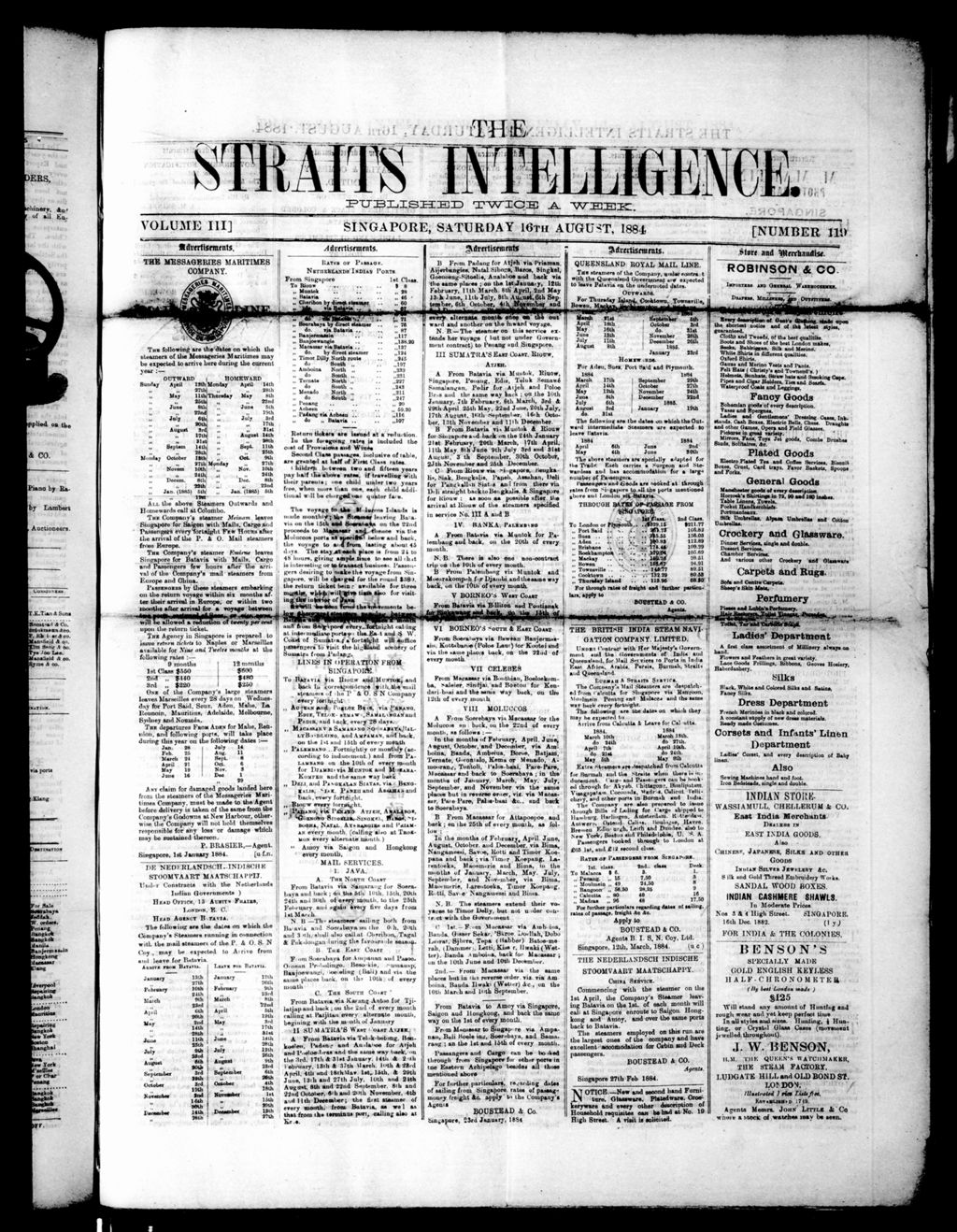 Miniature of Straits Intelligence 16 August 1884