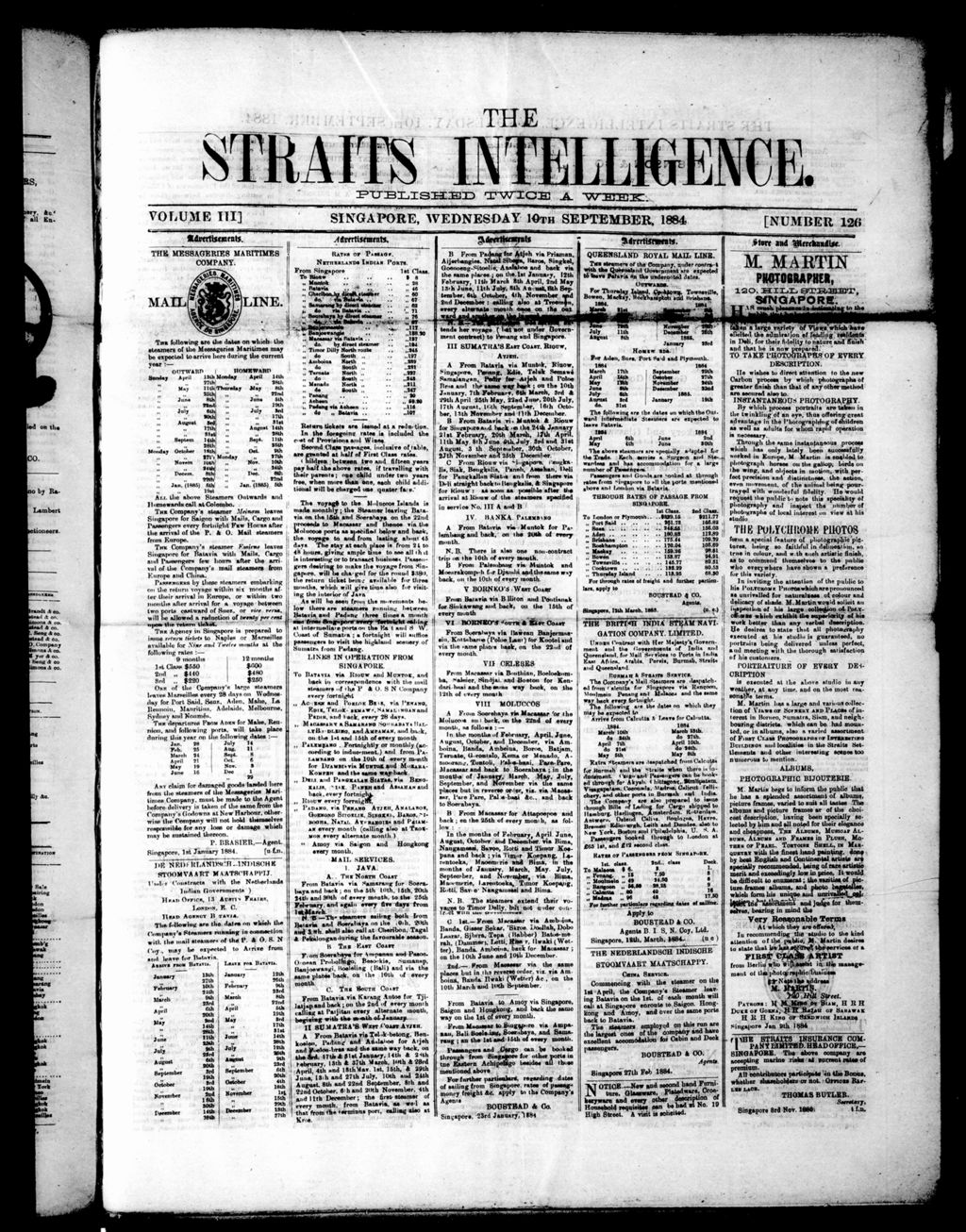 Miniature of Straits Intelligence 10 September 1884