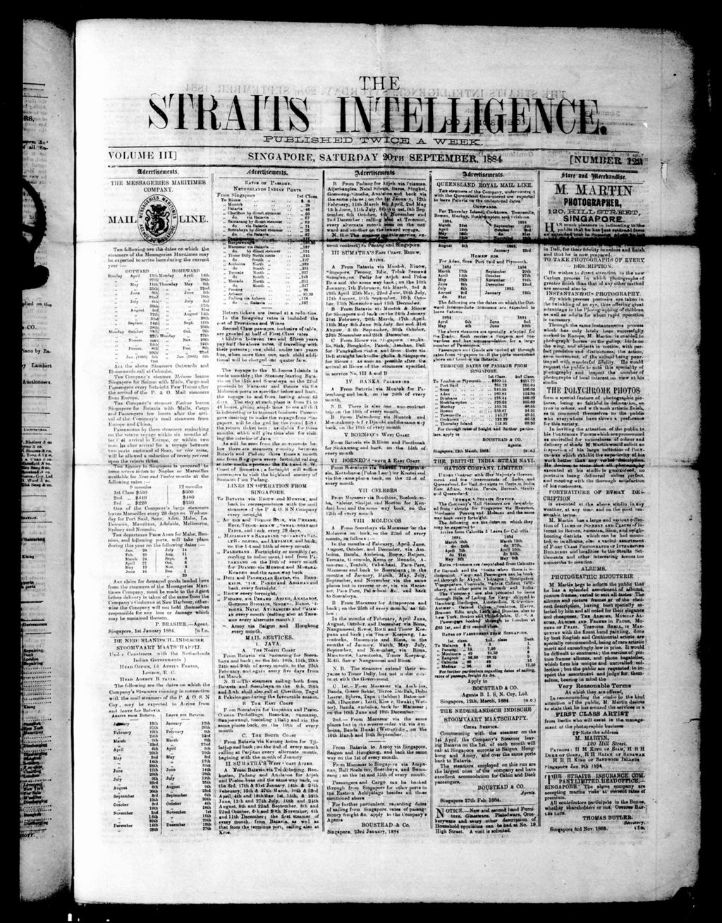 Miniature of Straits Intelligence 20 September 1884