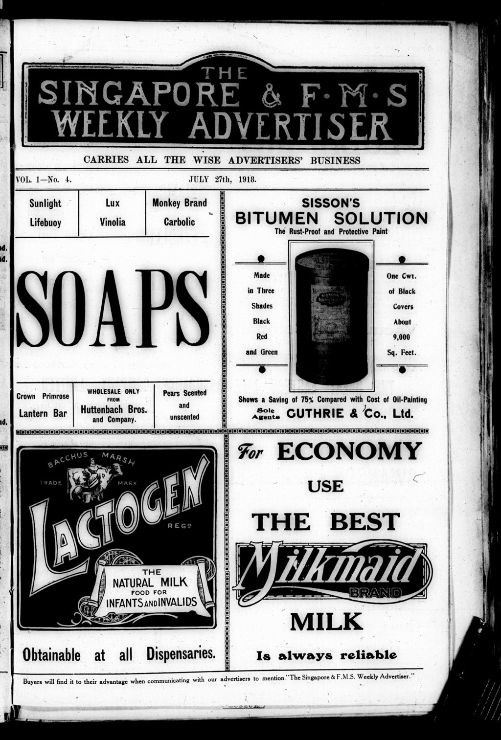 Miniature of Singapore & F.M.S. Weekly Advertiser 27 July 1918