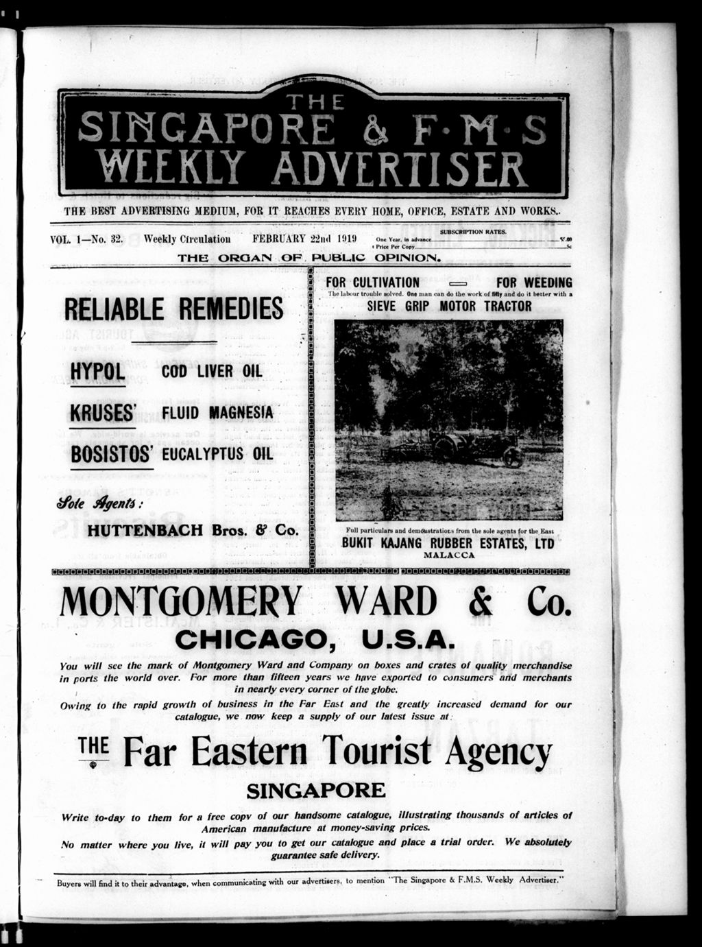 Miniature of Singapore & F.M.S. Weekly Advertiser 22 February 1919