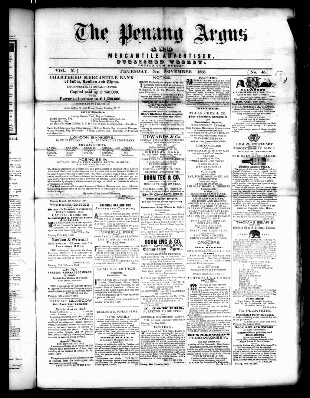 Miniature of Penang Guardian and Mercantile Advertiser 05 November 1868