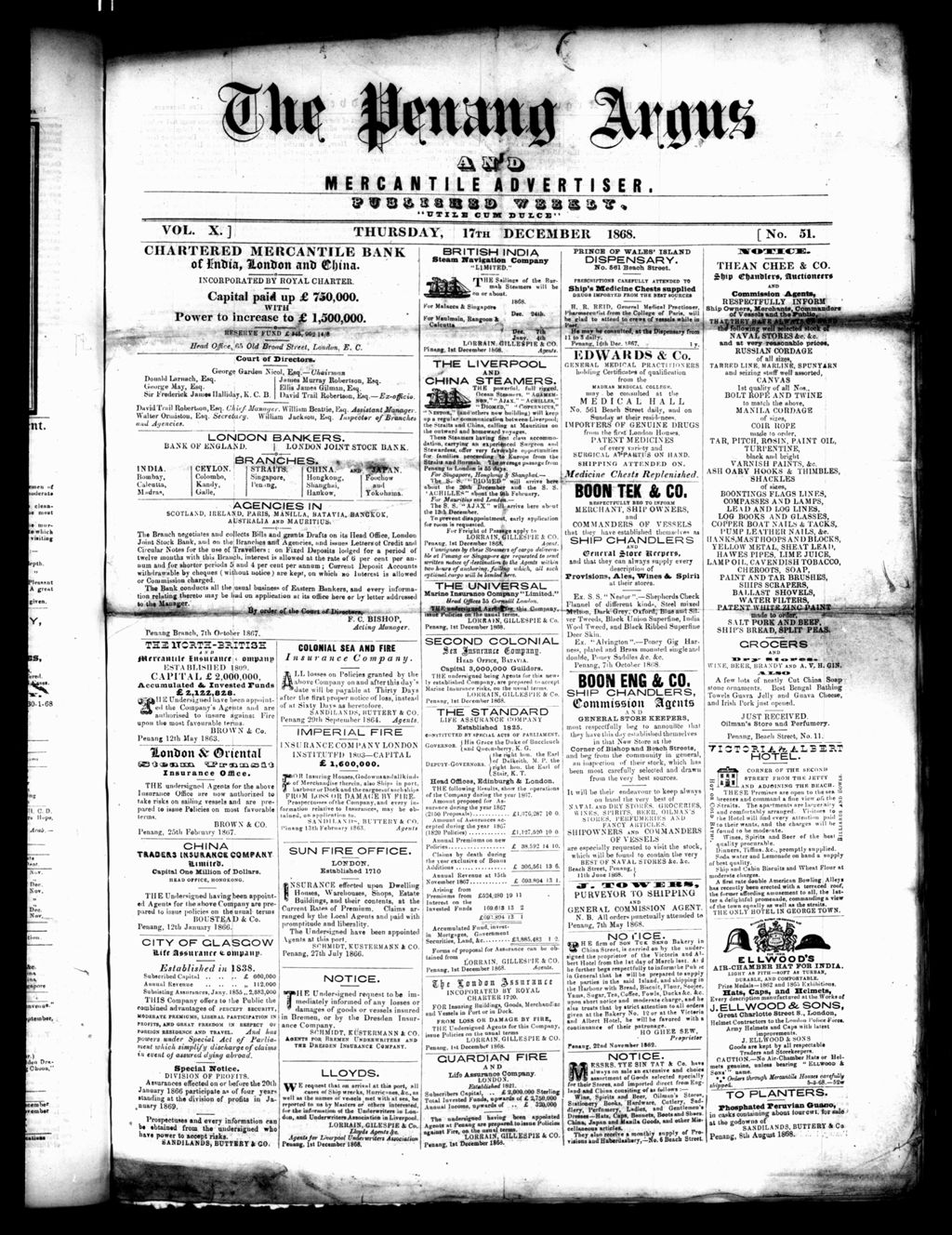 Miniature of Penang Guardian and Mercantile Advertiser 17 December 1868