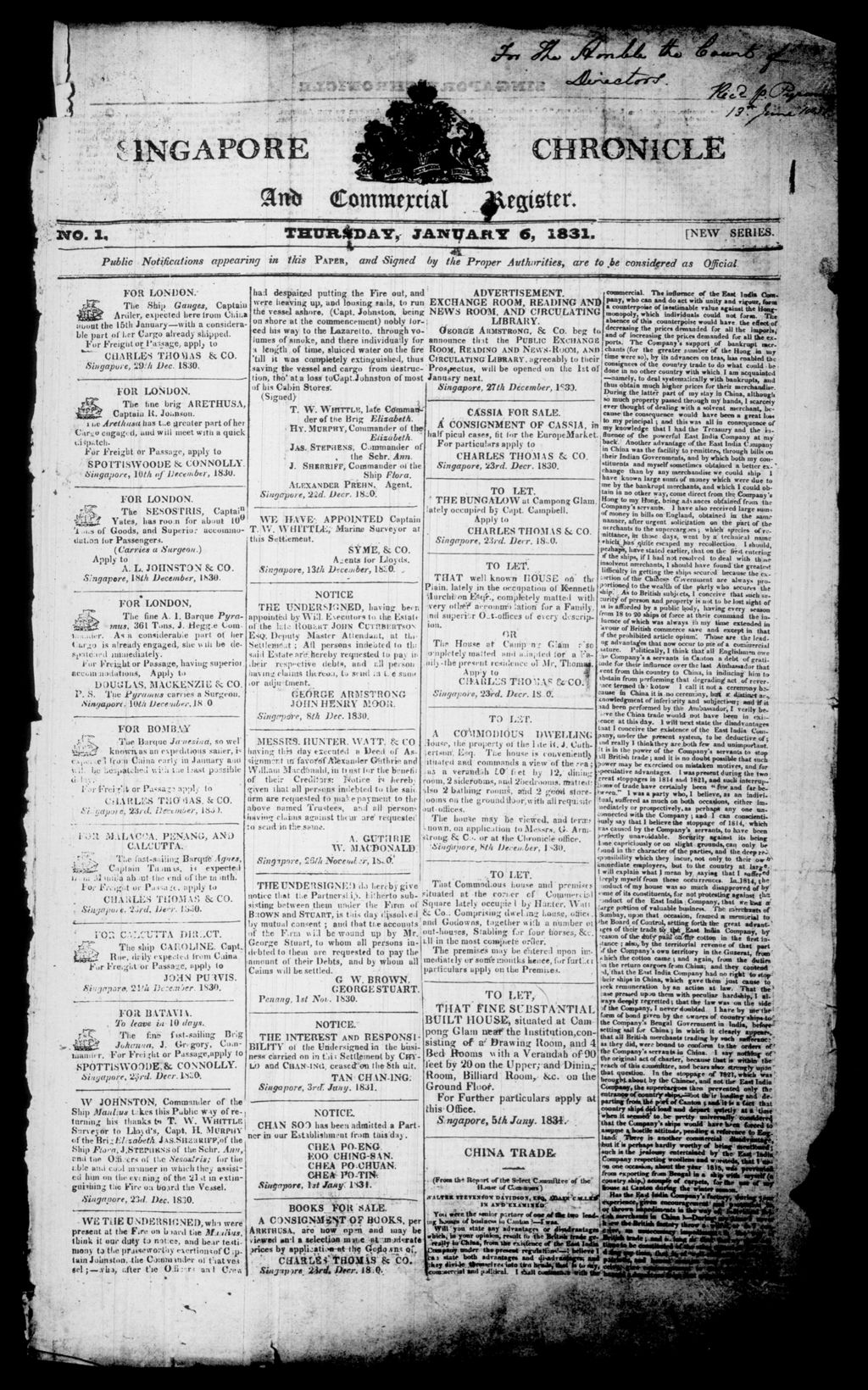 Miniature of Singapore Chronicle and Commercial Register 06 January 1831