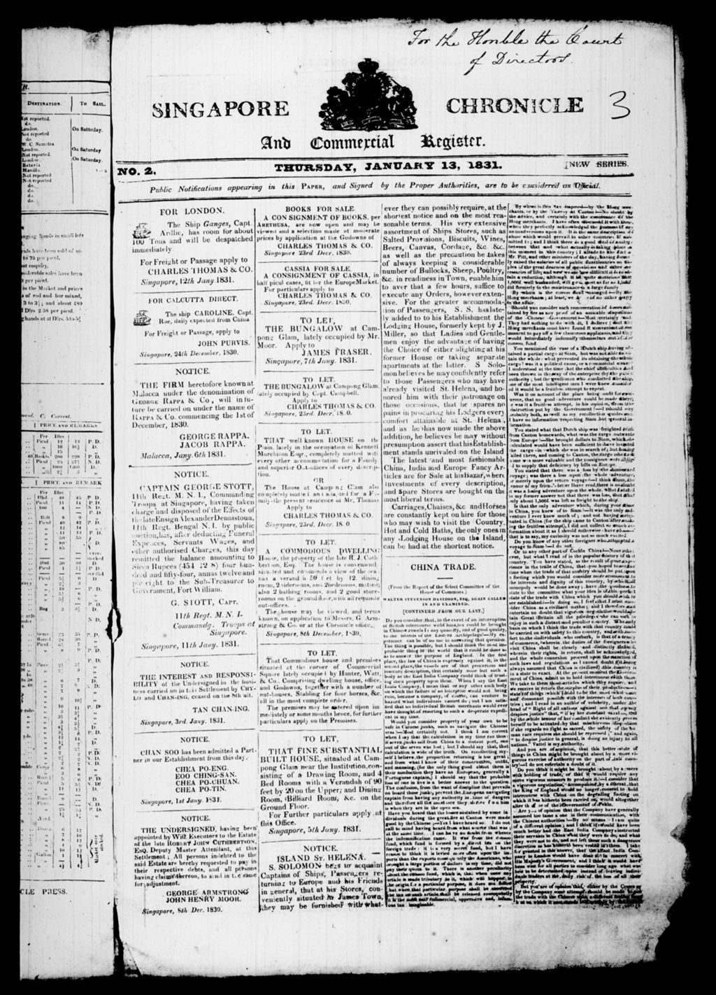 Miniature of Singapore Chronicle and Commercial Register 13 January 1831