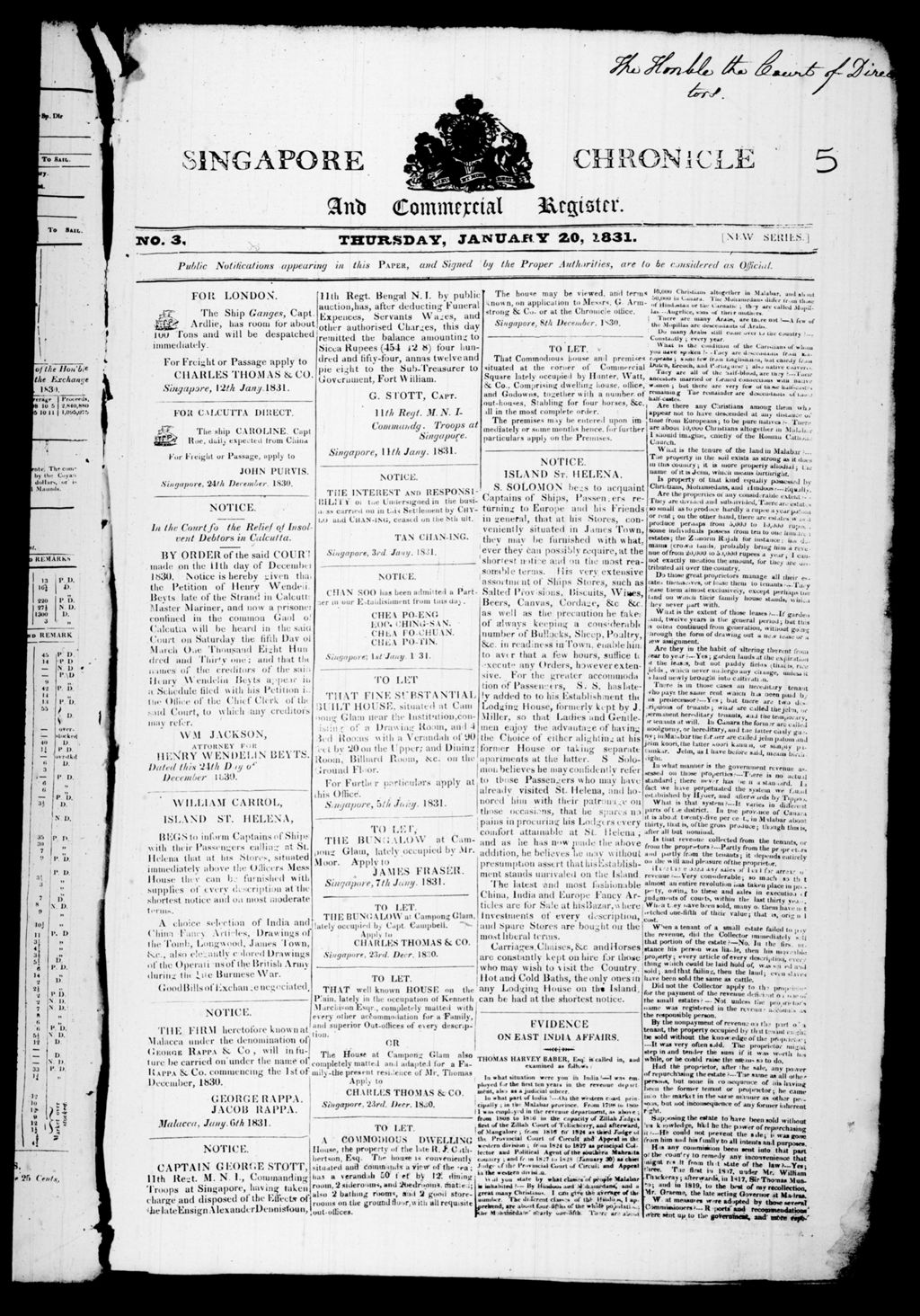 Miniature of Singapore Chronicle and Commercial Register 20 January 1831