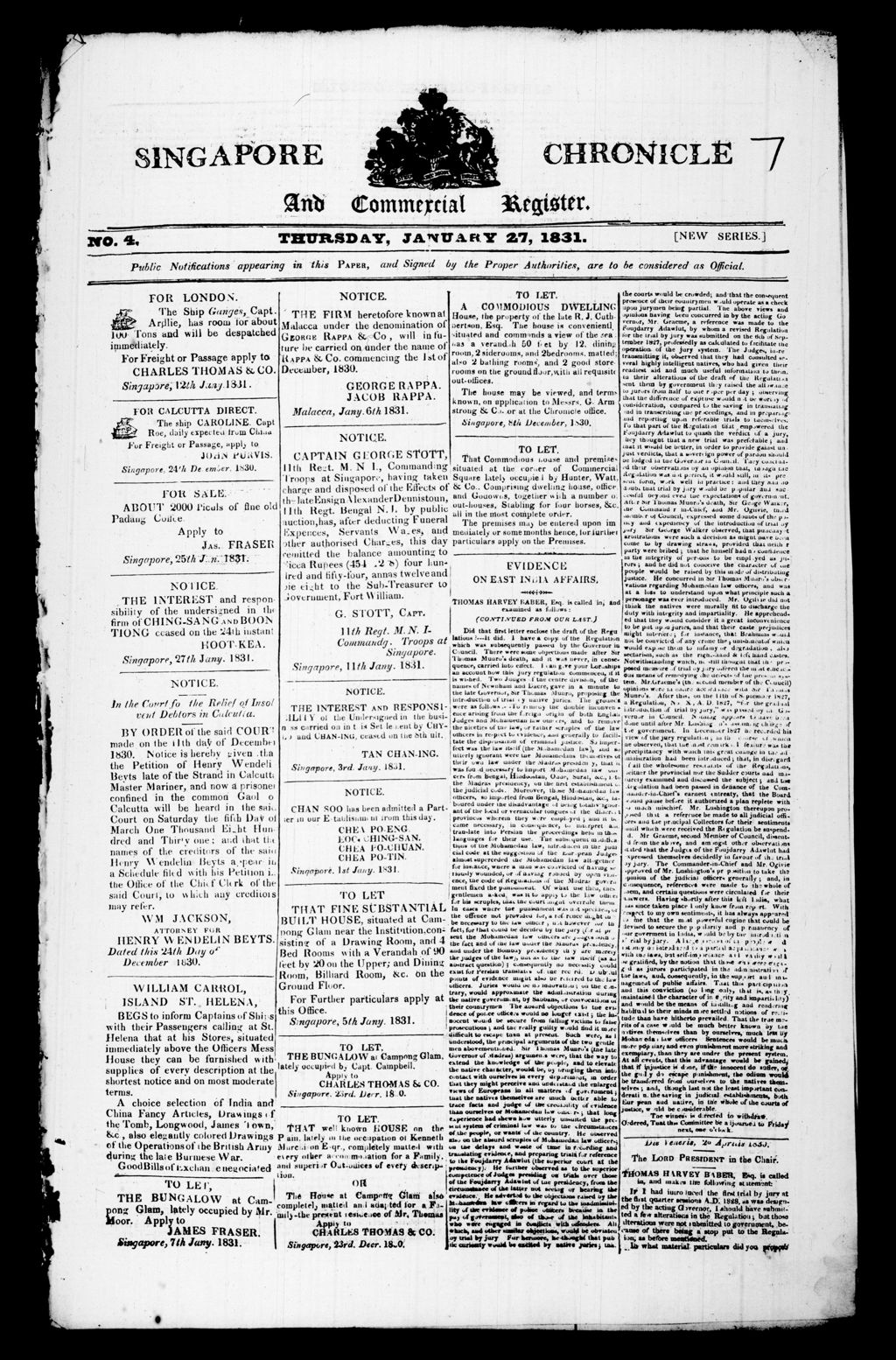 Miniature of Singapore Chronicle and Commercial Register 27 January 1831