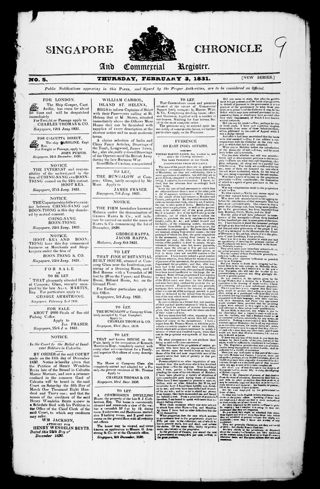 Miniature of Singapore Chronicle and Commercial Register 03 February 1831