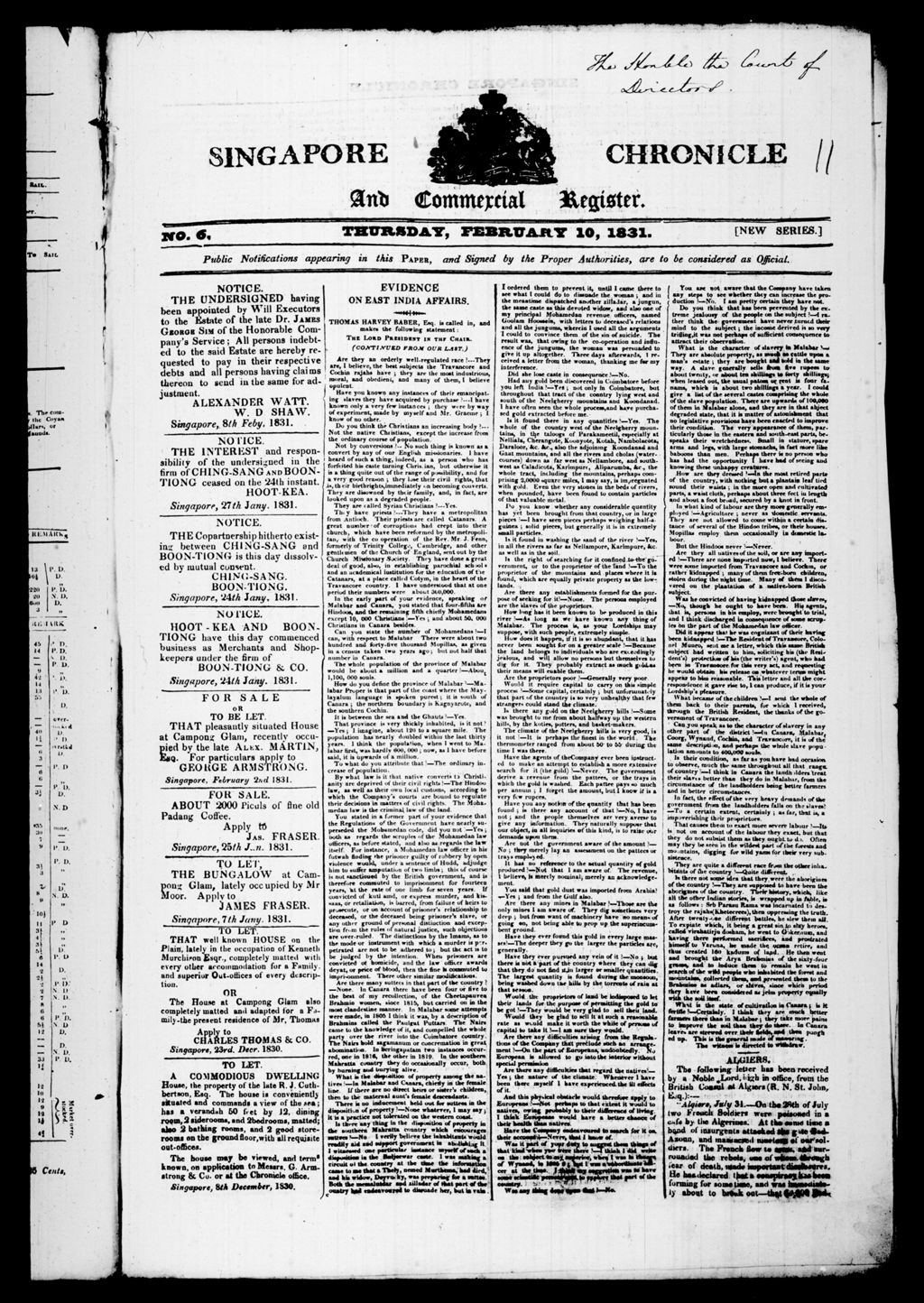 Miniature of Singapore Chronicle and Commercial Register 10 February 1831