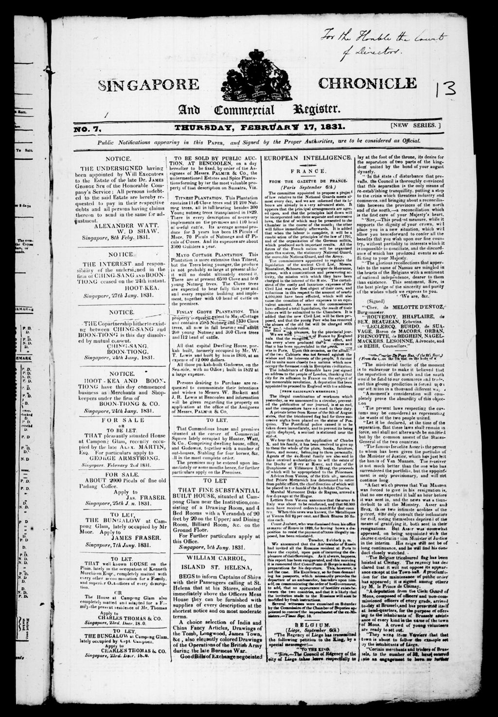 Miniature of Singapore Chronicle and Commercial Register 17 February 1831