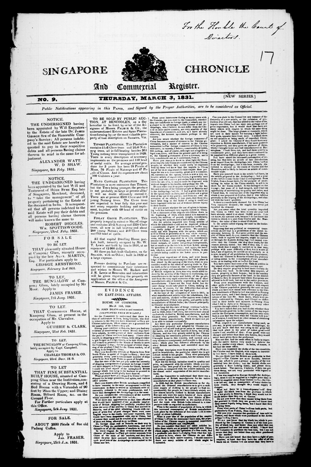 Miniature of Singapore Chronicle and Commercial Register 03 March 1831