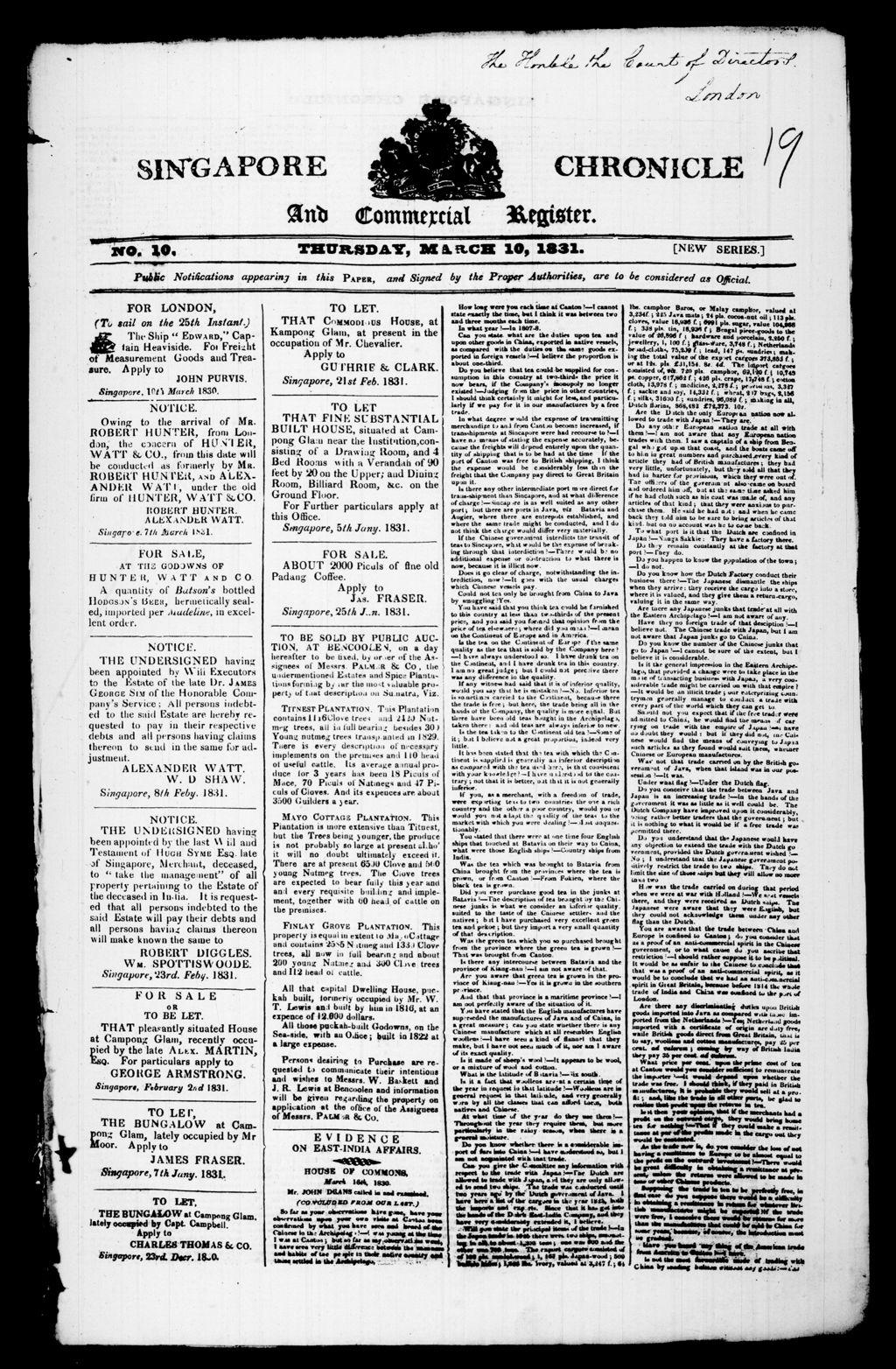 Miniature of Singapore Chronicle and Commercial Register 10 March 1831