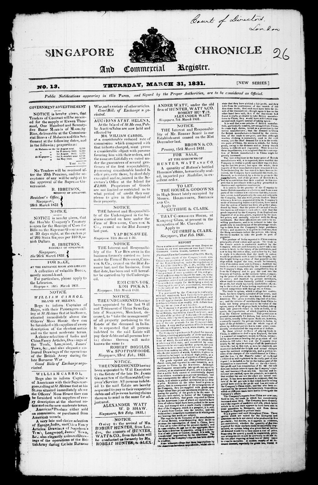 Miniature of Singapore Chronicle and Commercial Register 31 March 1831