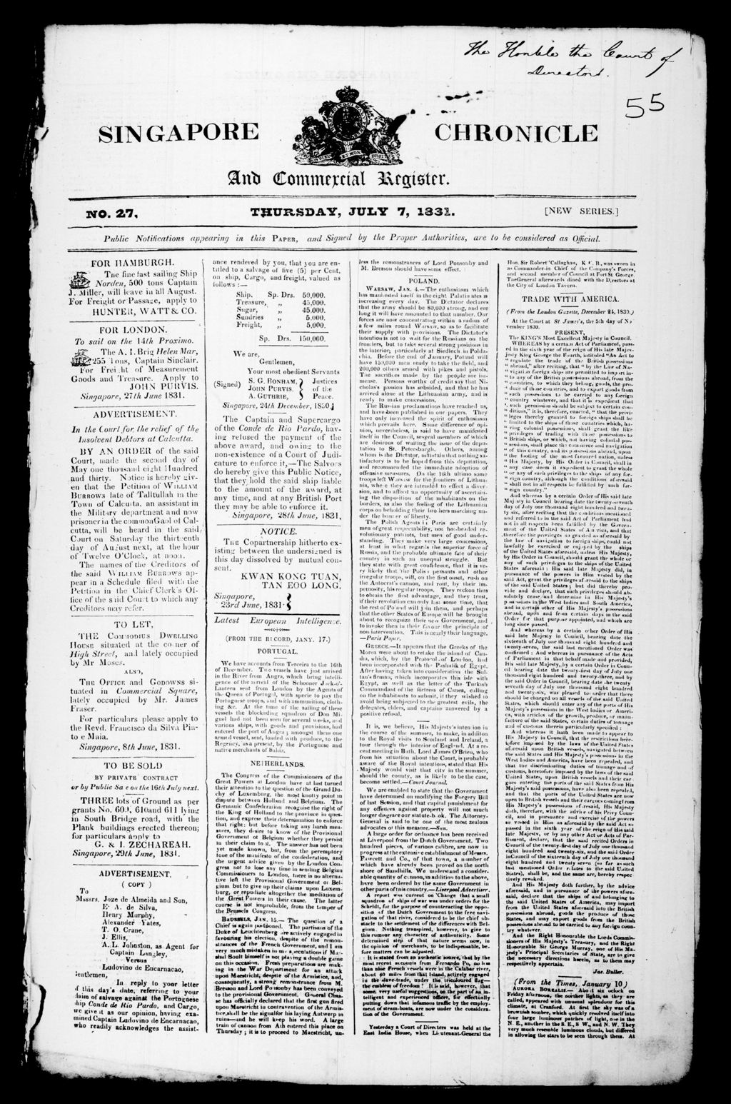 Miniature of Singapore Chronicle and Commercial Register 07 July 1831