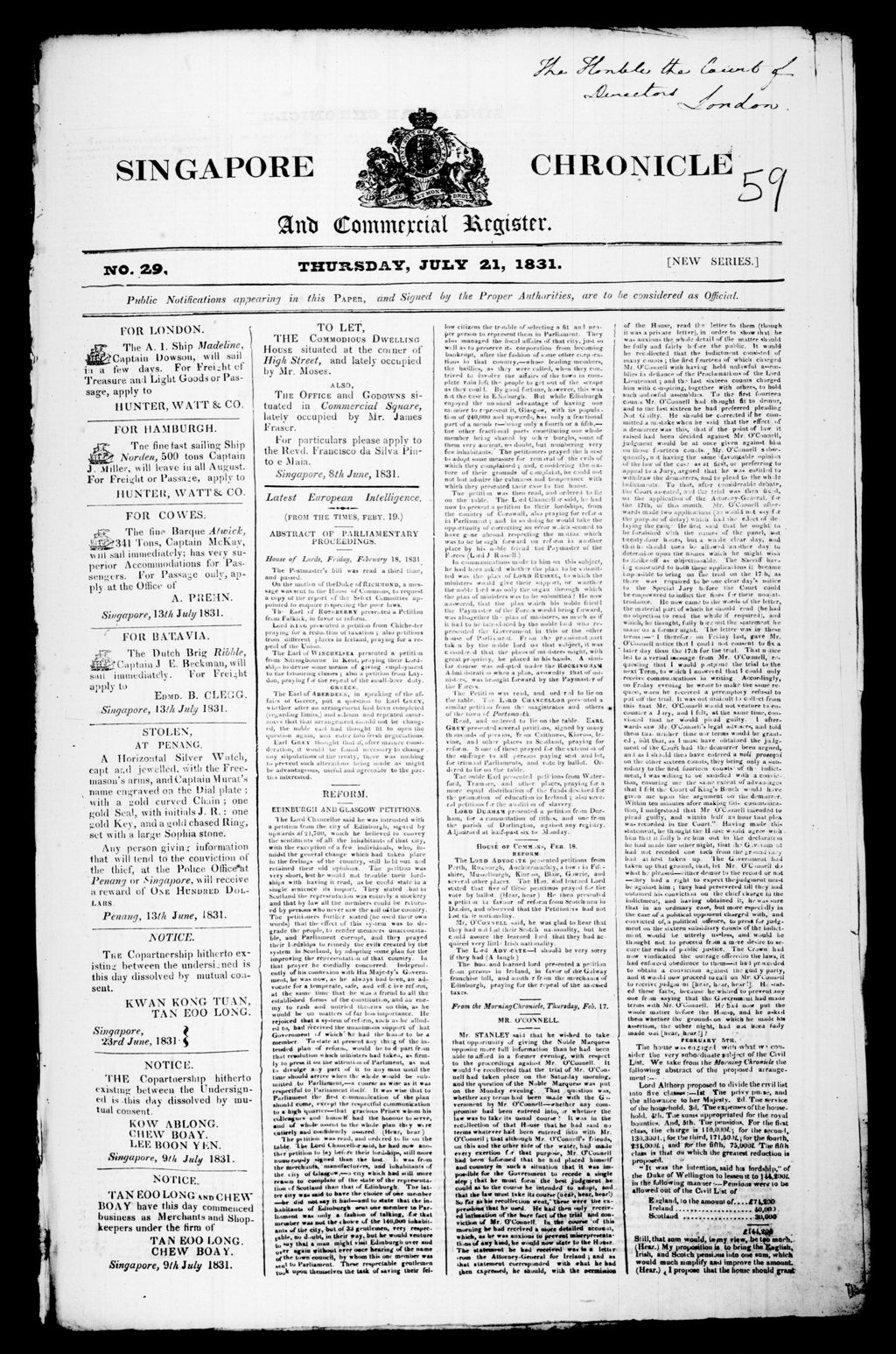 Miniature of Singapore Chronicle and Commercial Register 21 July 1831