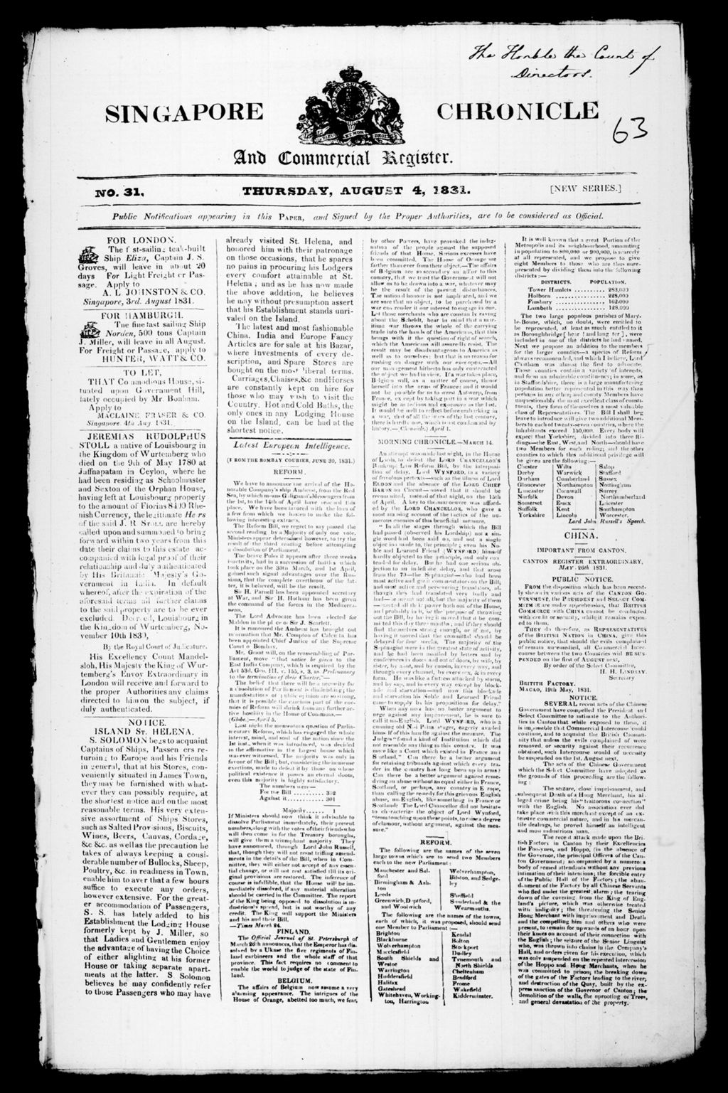 Miniature of Singapore Chronicle and Commercial Register 04 August 1831