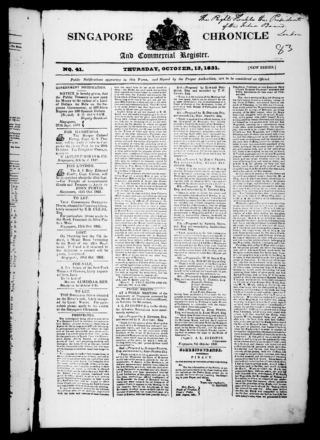 Miniature of Singapore Chronicle and Commercial Register 13 October 1831