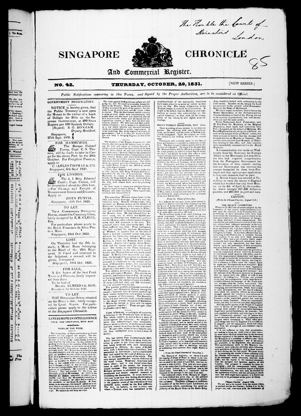 Miniature of Singapore Chronicle and Commercial Register 20 October 1831