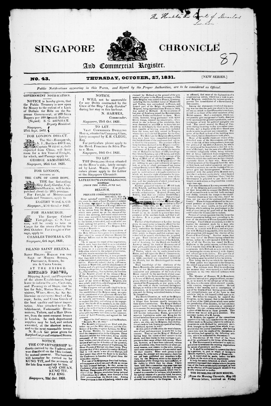 Miniature of Singapore Chronicle and Commercial Register 27 October 1831