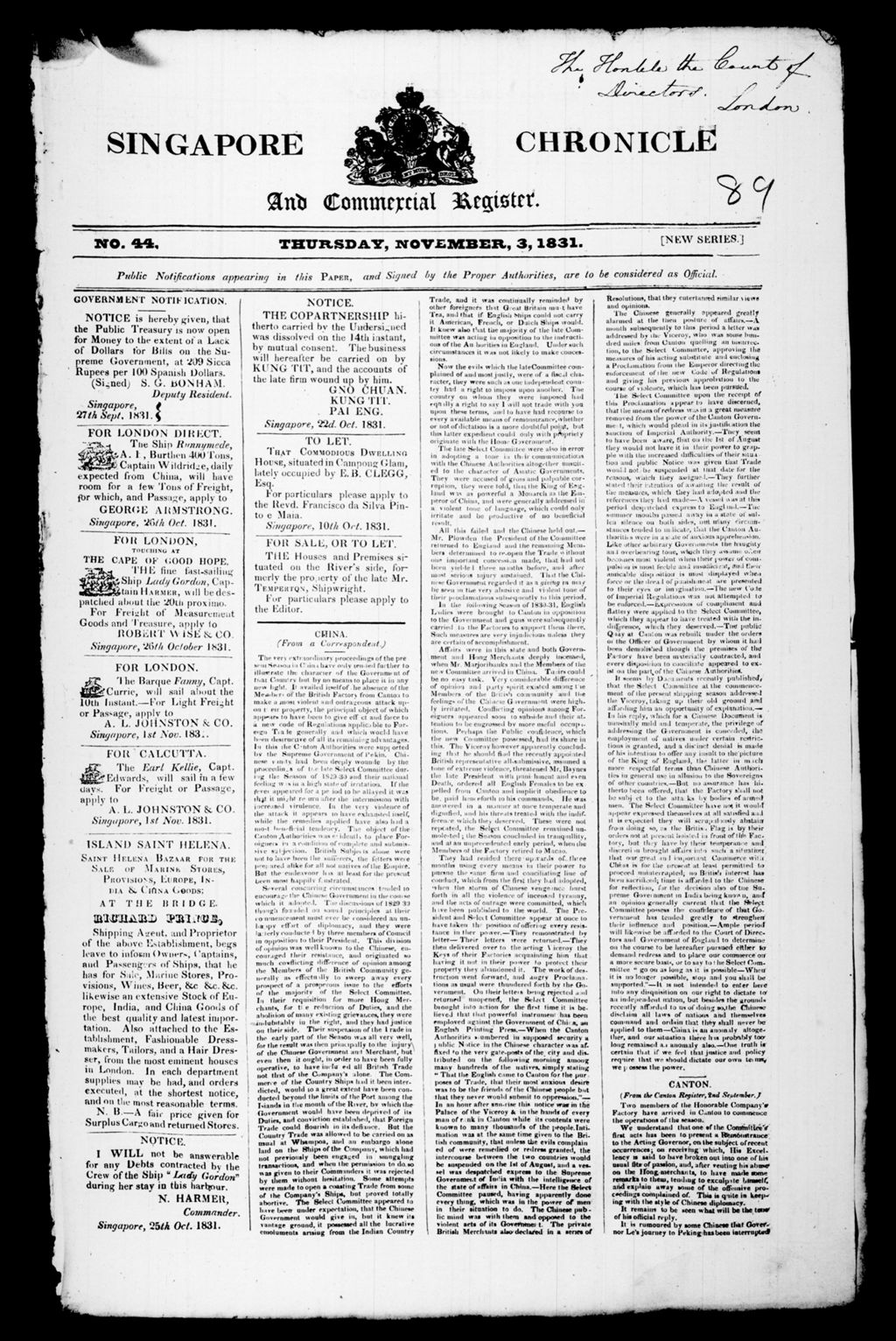 Miniature of Singapore Chronicle and Commercial Register 03 November 1831