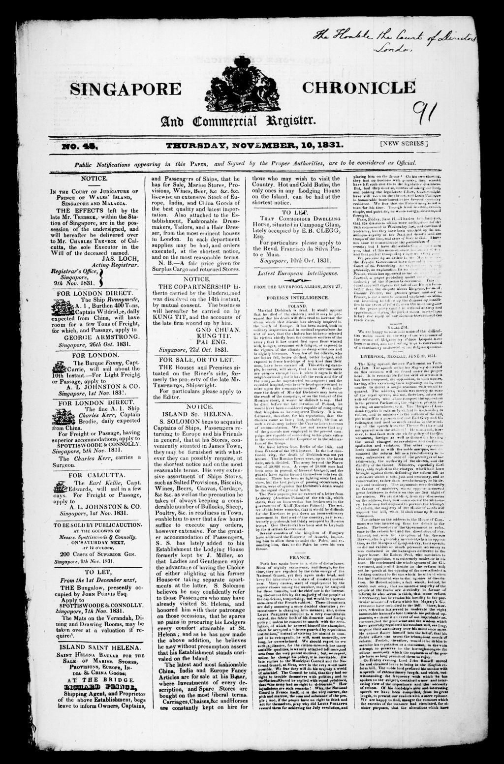 Miniature of Singapore Chronicle and Commercial Register 10 November 1831