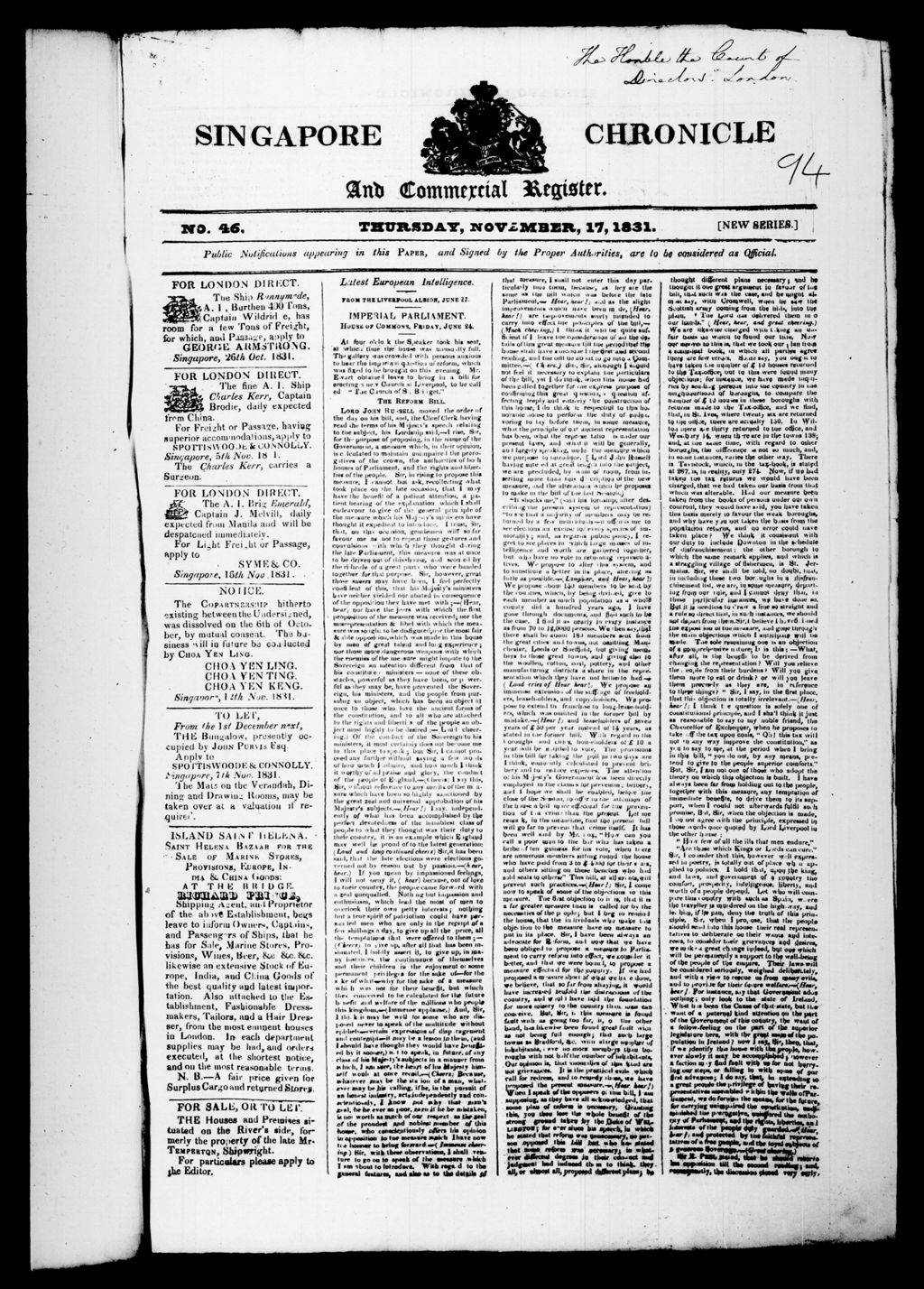 Miniature of Singapore Chronicle and Commercial Register 17 November 1831