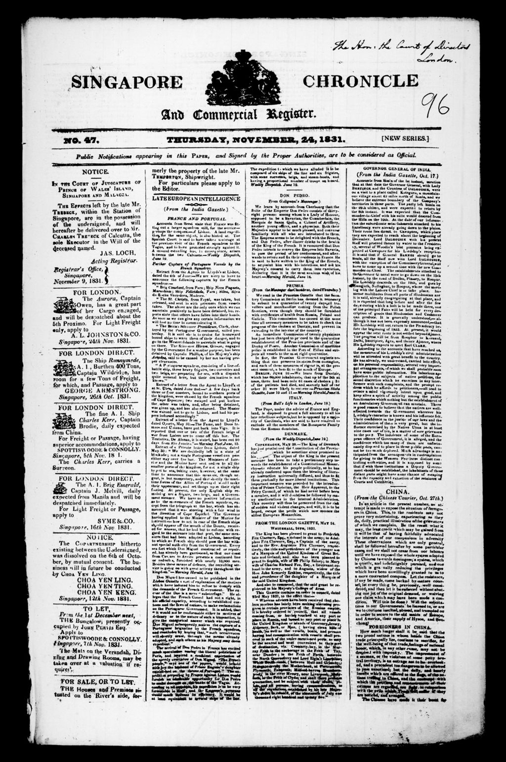 Miniature of Singapore Chronicle and Commercial Register 24 November 1831