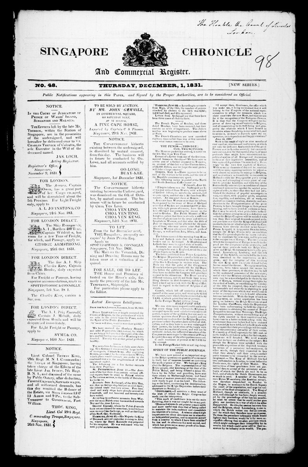 Miniature of Singapore Chronicle and Commercial Register 01 December 1831