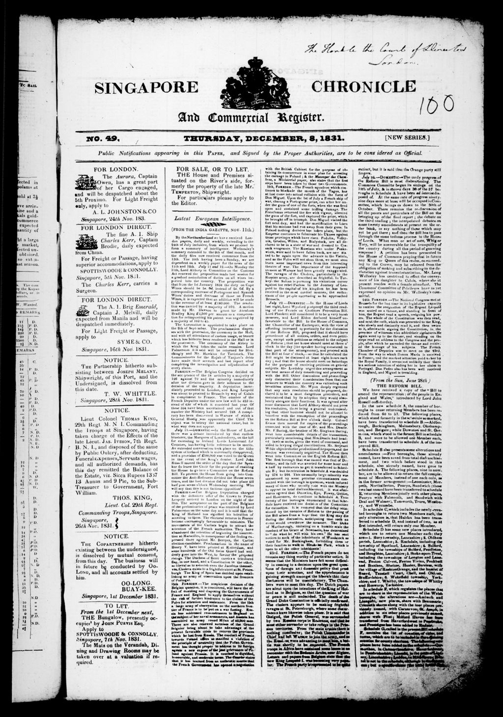 Miniature of Singapore Chronicle and Commercial Register 08 December 1831