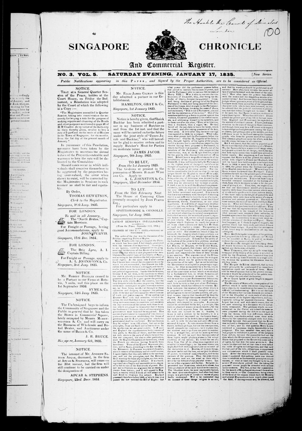 Miniature of Singapore Chronicle and Commercial Register 17 January 1835