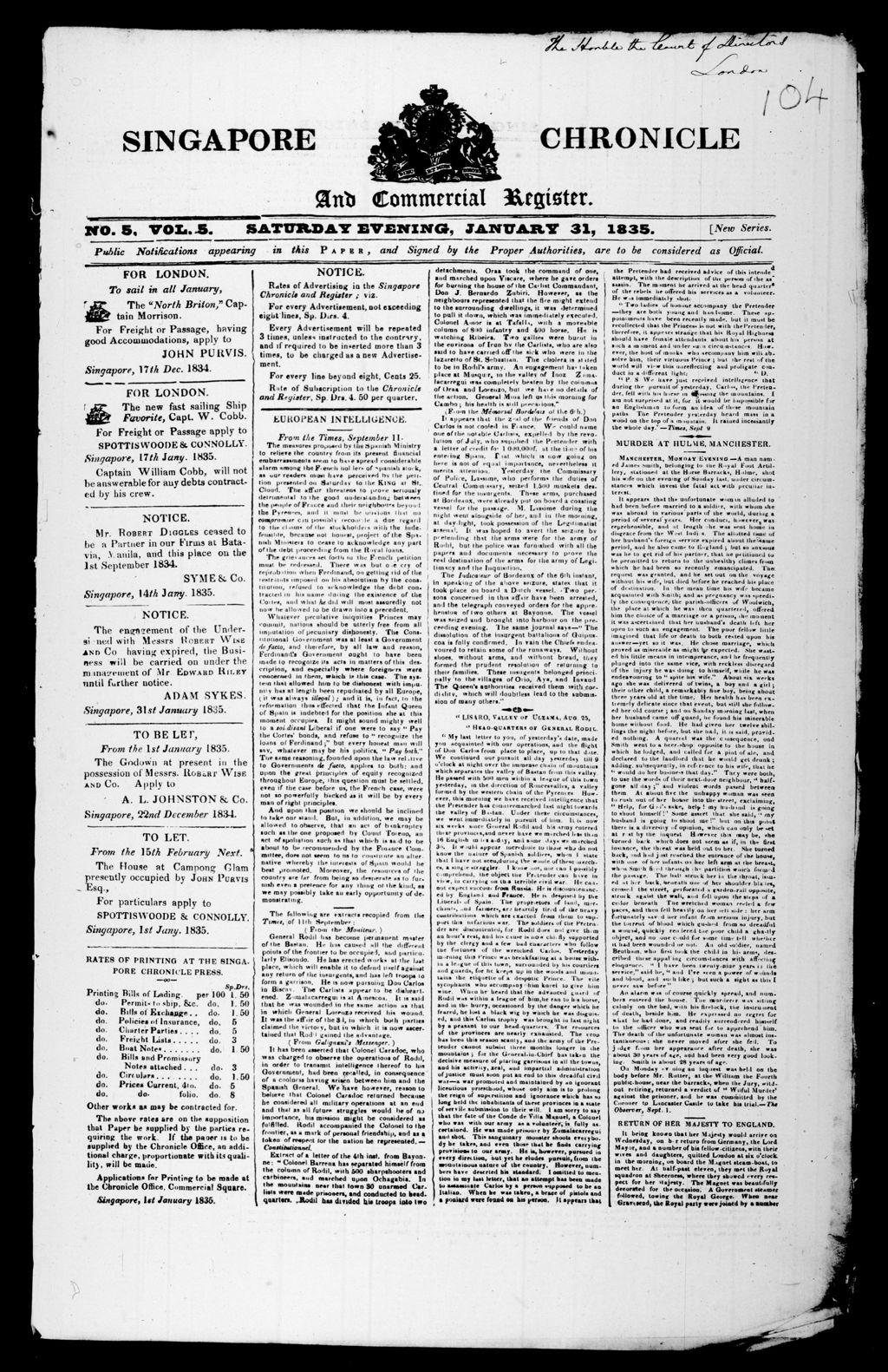 Miniature of Singapore Chronicle and Commercial Register 31 January 1835