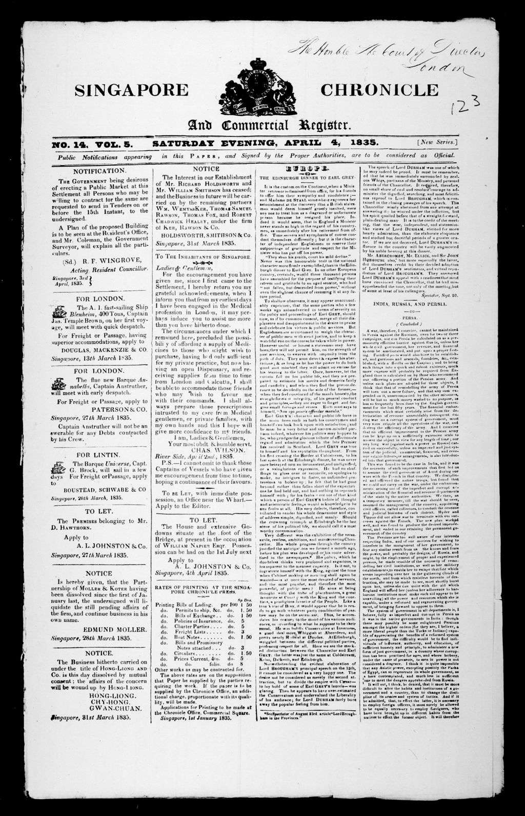 Miniature of Singapore Chronicle and Commercial Register 04 April 1835