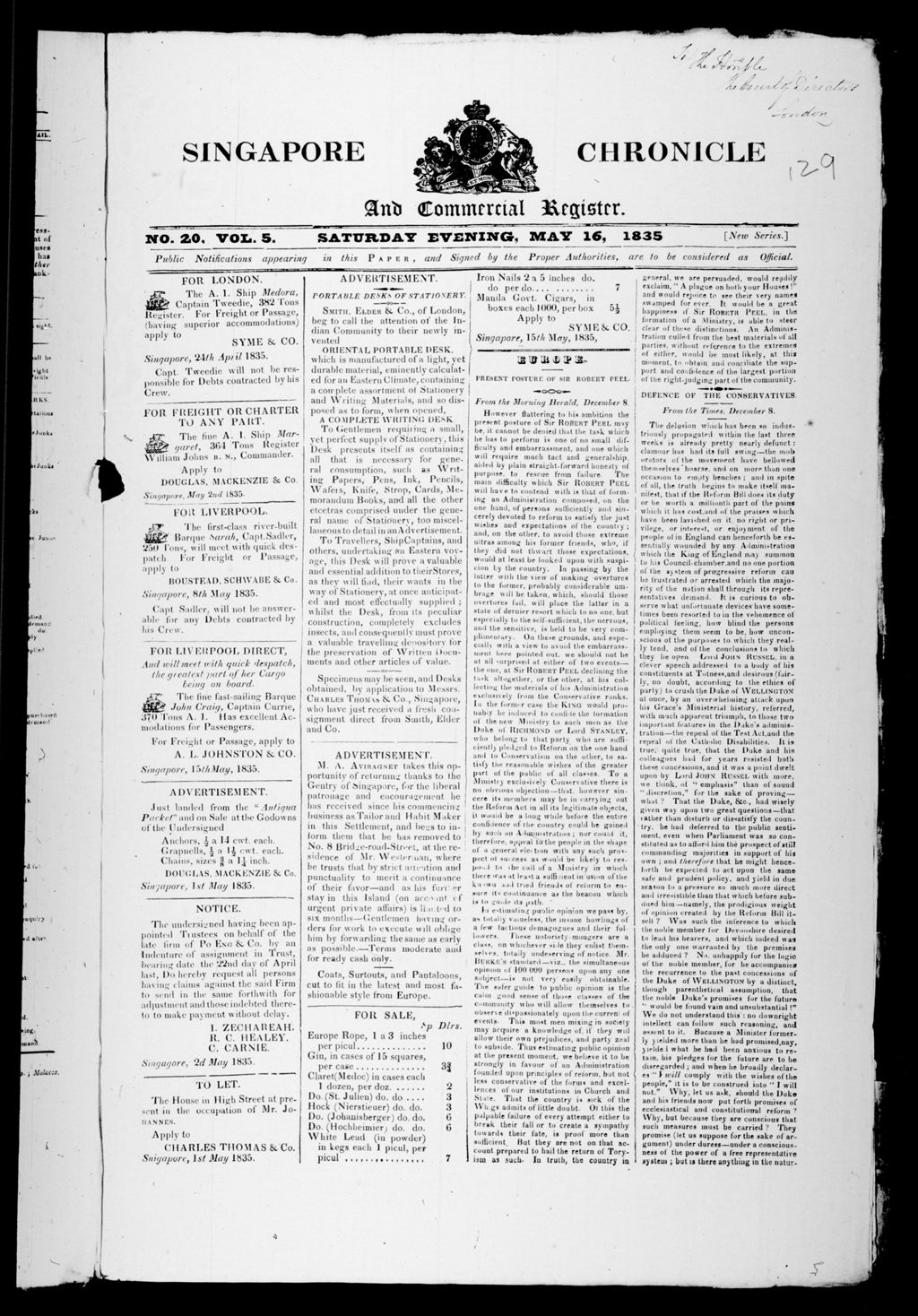 Miniature of Singapore Chronicle and Commercial Register 16 May 1835