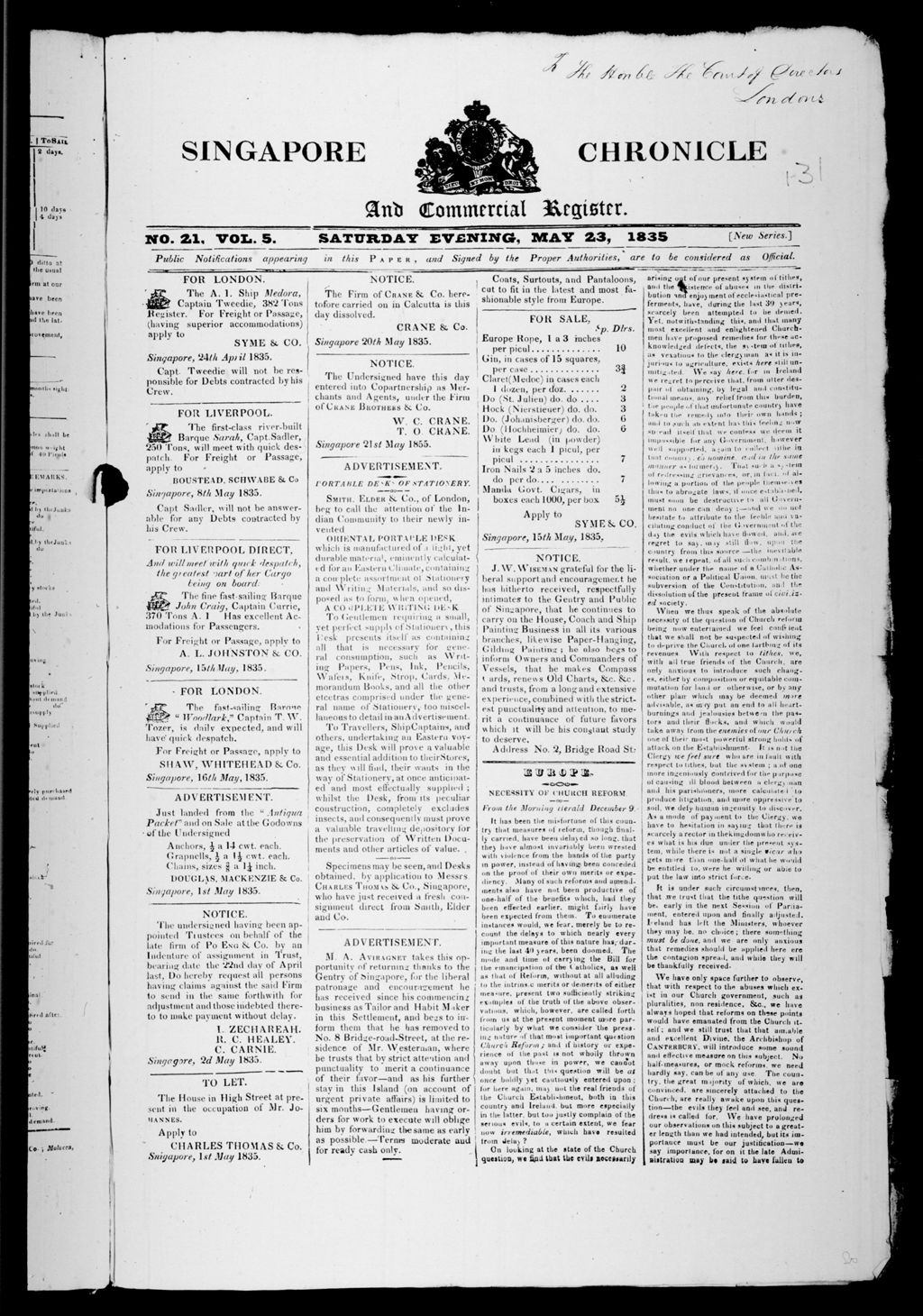 Miniature of Singapore Chronicle and Commercial Register 23 May 1835