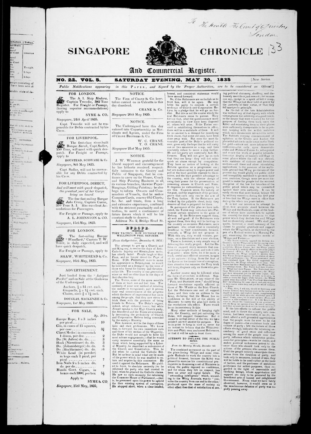 Miniature of Singapore Chronicle and Commercial Register 30 May 1835