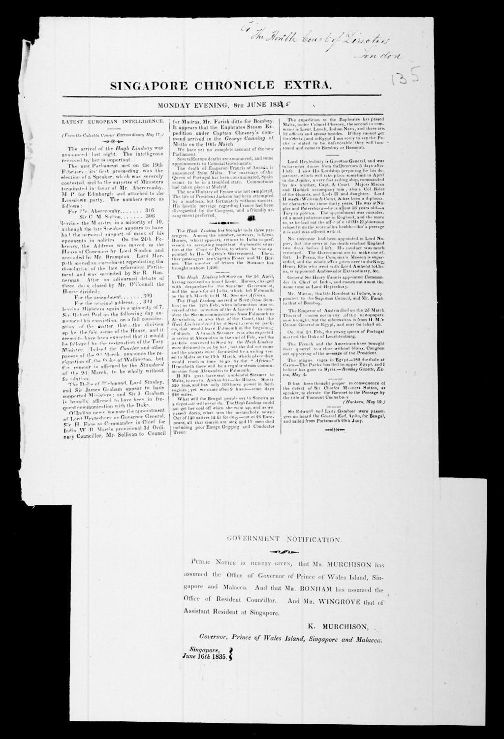 Miniature of Singapore Chronicle and Commercial Register 08 June 1835