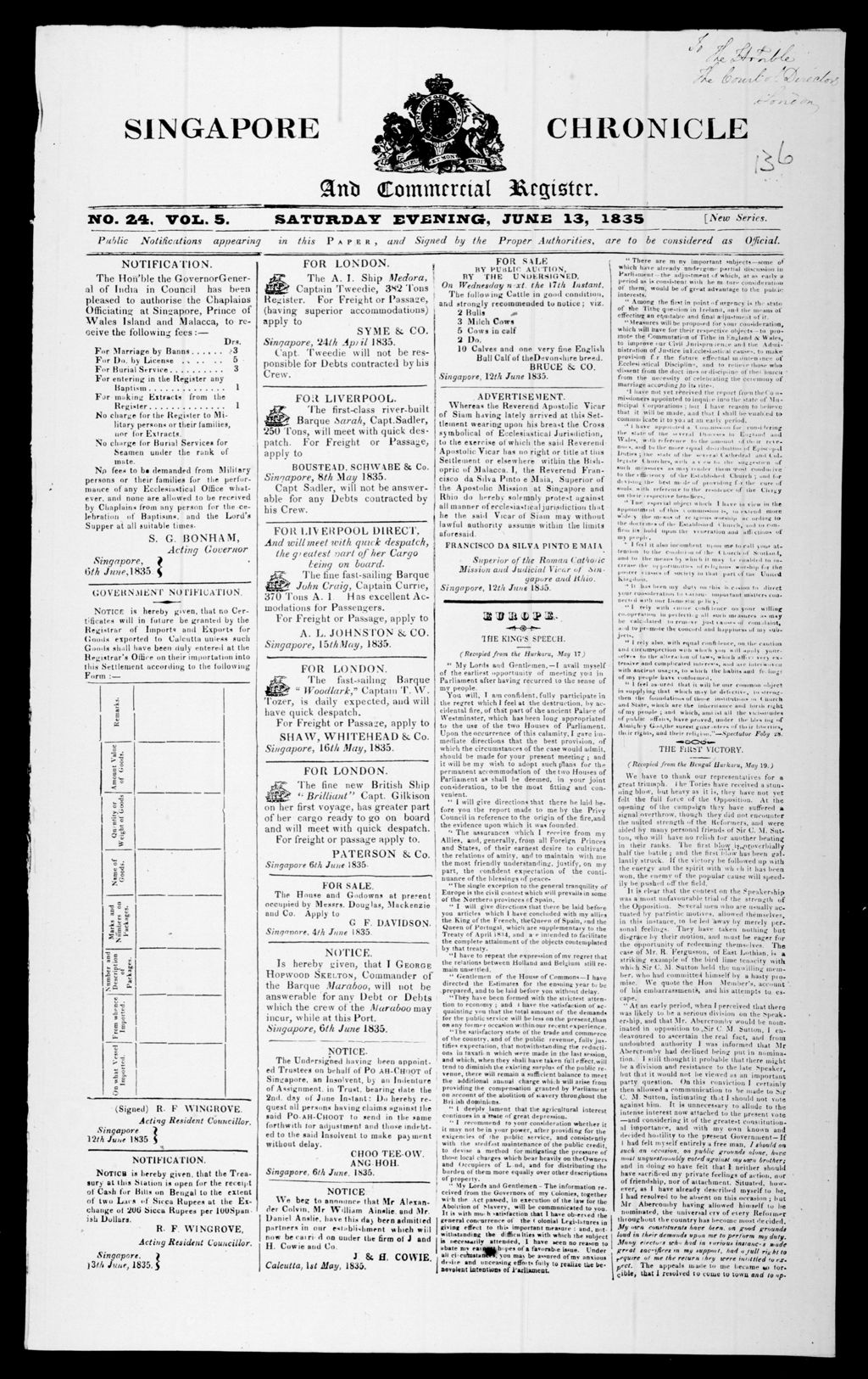 Miniature of Singapore Chronicle and Commercial Register 13 June 1835